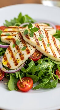 Grilled Halloumi Cheese Salad with Fresh Herbs.