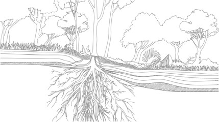 Fototapeta premium Cross section of trees showing extensive root systems and layered soil strata with grass and foliage above