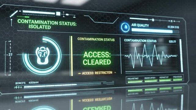 A high-tech digital screen displays a warning about contamination status and restricted access. Ideal for illustrating cybersecurity threats, data bre
