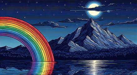 Rainbow Over Mountain Lake at Night - A Dreamy Landscape.