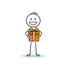 Stick Figure Holding a Gift Box with a Ribbon.