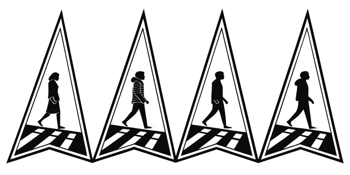 A sequence of a person walking across a zebra crossing with triangular warning signs. Vector