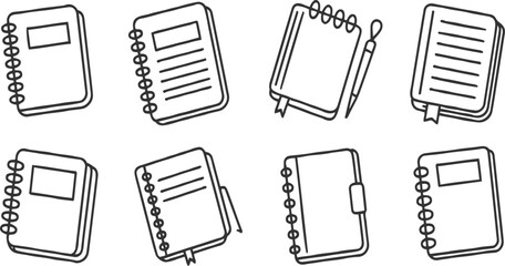 Collection of eight black line notebooks and journals with spiral bindings and some with bookmarks and pens