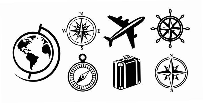 Assorted travel and navigation icons showcasing various modes of transport and tools Vector