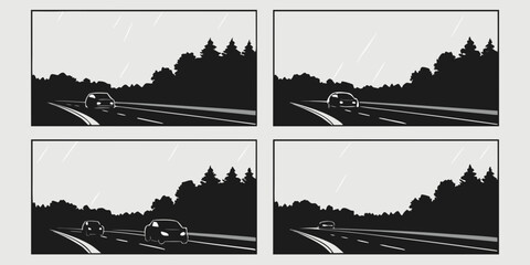 Four distinct black and white images of a train traveling through a scenic landscape. Vector © Abu