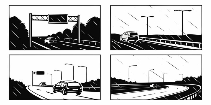 A series of images depicting the construction and use of a simple wooden bridge. Vector