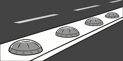 A row of futuristic flying saucers aligned on a white runway. Vector © Abu