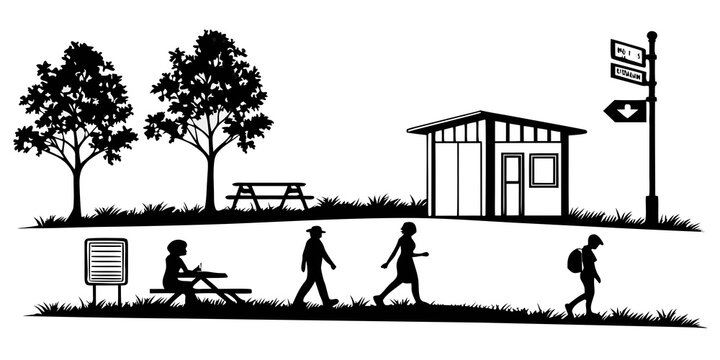 A diverse group of people enjoying a day out in a park with a small house. Vector