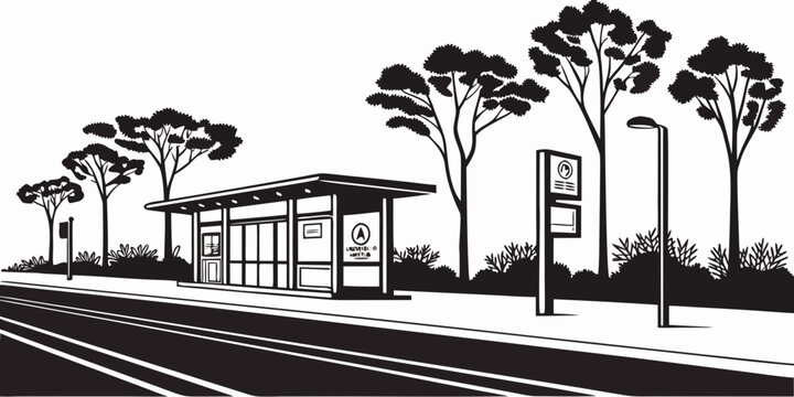 A serene park with a bus stop and trees under a clear blue sky Vector