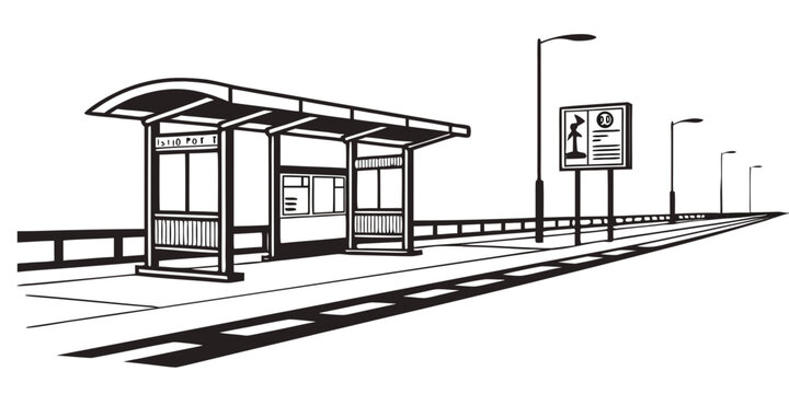 A serene train station platform on a clear day with a bus stop nearby. Vector