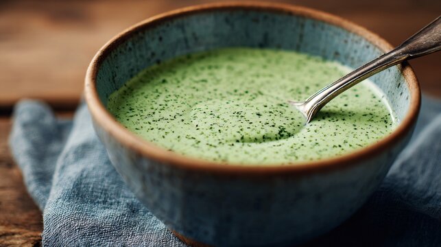Green goddess dressing served casually with spoon inside bowl, candid home cooking atmosphere