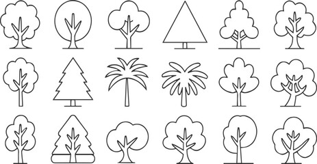 Collection of simple line representing various tree types including deciduous coniferous and palm trees © ESIPOOS