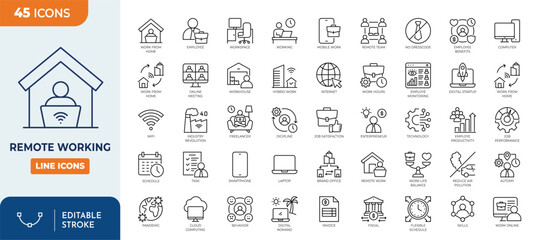 Naklejka premium Remote Working icon set. Contain icons related to work from home, online work, freelance, online productivity, telework, and more. outline icons colletion. Editable stroke. Vector illustrator.