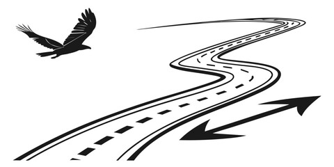 A bird soaring over a winding road with a sense of freedom and adventure. Vector © Abu