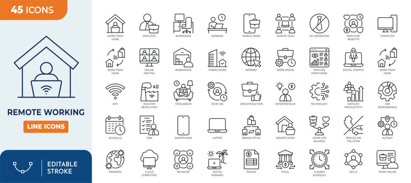 Remote Working icon set. Contain icons related to work from home, online work, freelance, online productivity, telework, and more. outline icons colletion. Editable stroke. Vector illustrator.