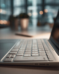 Fototapeta premium Modern Tech Workspace: Sleek Laptop and Keyboard in a Professional Office Setting with Bokeh Effect and Digital Innovation