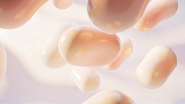 Motion graphics template soft abstract liquid forms floating pastel light creating calm modern composition organic glossy beige