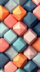 Obraz premium Abstract pattern of pastel-colored, faceted geometric shapes arranged in a repeating diagonal grid. Creates a textured, three-dimensional effect