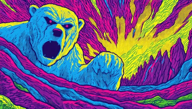 Ilustra&ccedil;&atilde;o psicod&eacute;lica de um urso polar rugindo com cores neon vibrantes e um fundo de explos&atilde;o solar em um estilo art&iacute;stico surreal e intenso.