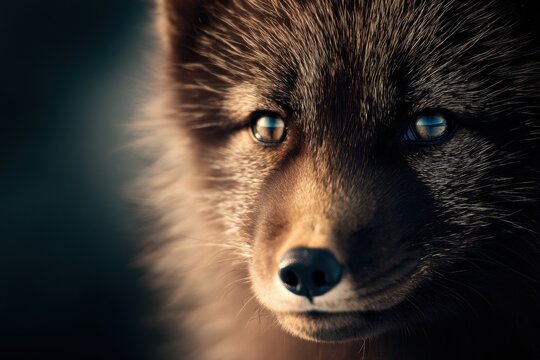 Retrato detalhado de uma raposa com pelagem marrom densa e olhos azuis penetrantes em um close-up cinematogr&aacute;fico de vida selvagem na natureza.
