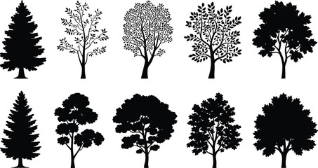 Fototapeta premium Tree silhouettes illustration set, foliage vector artwork, forest nature design graphics, botanical icons collection, landscape outdoor symbol