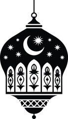 Obraz premium Islamic lantern silhouette with crescent moon, Ramadan festive vector illustration, cultural decorative design inspiration, traditional religious ornament black and white icon