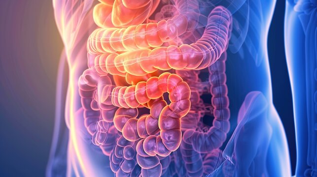Medical illustration of Crohn's disease, a chronic inflammatory bowel disease that causes inflammation of the digestive tract, affecting the intestines and leading to abdominal pain, diarrhea, and dig