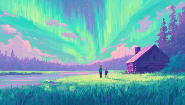 Ilustra&ccedil;&atilde;o vibrante da aurora boreal colorida sobre uma cabana de madeira e um lago tranquilo com duas pessoas admirando a paisagem noturna m&aacute;gica.