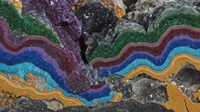 Close-up of a colorful agate stone with wavy layers and sparkling crystals, showcasing natural geological patterns and vibrant mineral formations.