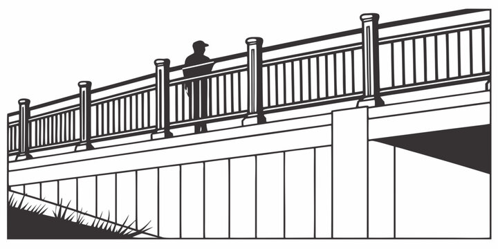 A detailed illustration of a wooden bridge with railings and support structures. Vector