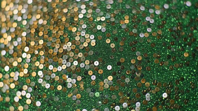 A vibrant, blurry background filled with shimmering gold, silver, and green sequins densely packed, reflecting light and creating a dazzling display