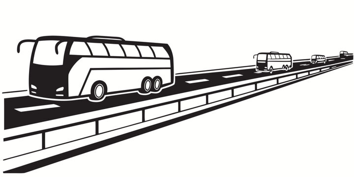 A modern bus and a vintage train travel on parallel tracks in a black and white illustration. Vector