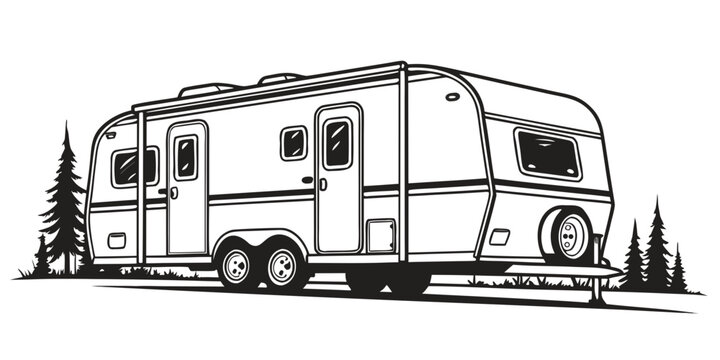 A vintage travel trailer parked in a scenic outdoor setting with trees and mountains in the background. Vector