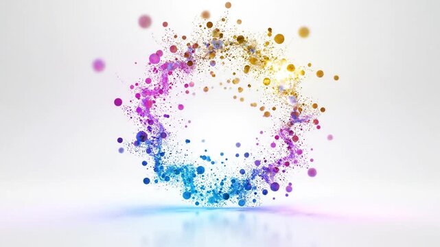 A vibrant, circular arrangement of multicolored dots in shades of blue, purple, pink, and yellow, against a light gray background with subtle reflections