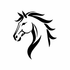 Minimalist horse head logo with flowing mane in elegant black silhouette style, modern vector animal emblem perfect for equestrian branding, sport identity, luxury logo design and premium creative pro © Rafli