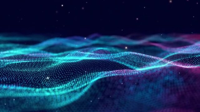 A vibrant digital landscape featuring undulating waves of tiny, glowing points in shades of blue and pink against a dark background