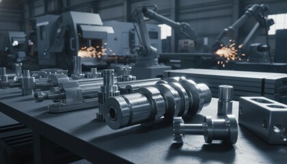 Polished titanium alloy camshaft components in a modern automated manufacturing facility with robotic arms and sparks.