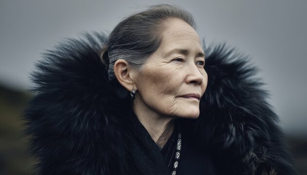 Retrato de uma mulher idosa asi&aacute;tica com casaco de pele preta em uma paisagem fria e nublada, expressando sabedoria e serenidade profunda.