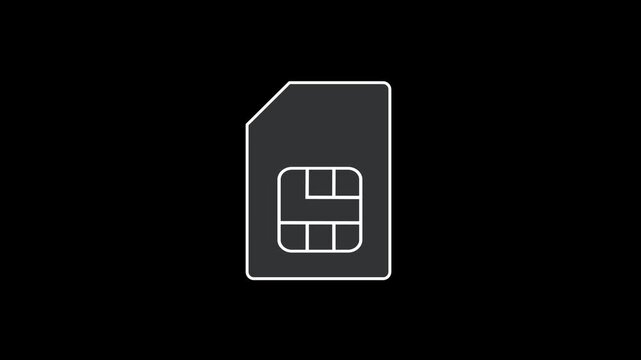 Sim card icon animation on black background. Mobile cellular phone sim card chip. Mobile telecommunications technology symbol. 4k video	