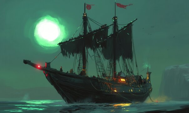 Navio pirata fantasma navegando em um mar escuro sob uma lua verde brilhante e misteriosa com velas rasgadas e atmosfera sombria.