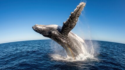 Majestic Humpback Whale Breaching High Out Of The Deep Blue Ocean Waters With A Massive Splash