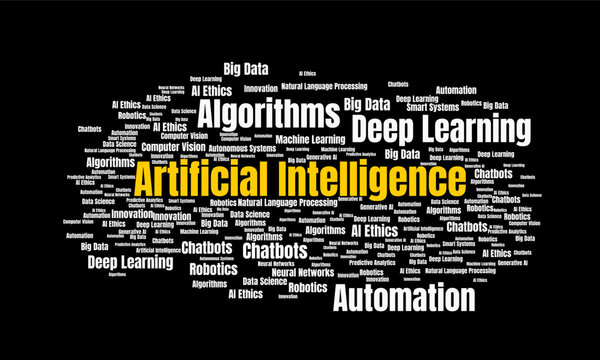 Conceptual Word Cloud Highlighting Artificial Intelligence and Related Technologies. Modern Word Cloud Artificial Intelligence Concept on Black Background.