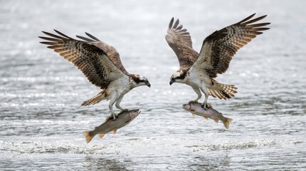 Obraz premium Two Ospreys In Mid-Air Clutched Fish In Their Talons While Flying Over Water