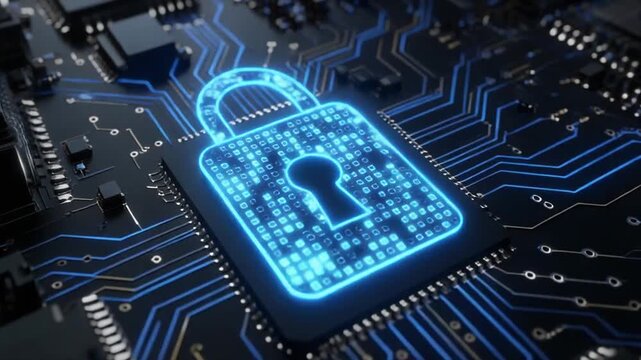 A glowing blue digital lock is superimposed on a computer motherboard, surrounded by intricate circuitry and microchips