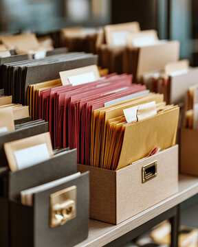 Modern Office Workspace Document Organization: Tidy Colorful File Storage & Professional Record Keeping