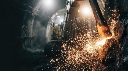Fototapeta premium Heavy mining machinery breaking rock with vibrant sparks in a dark underground tunnel