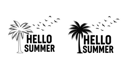 Tropical summer greeting with palm trees and birds a striking silhouette © Taylor