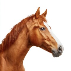 Fototapeta premium Majestic chestnut horse portrait with flowing mane and expressive eyes, captured against a clean white background