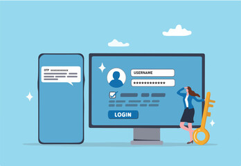 One time password, OTP on double security to login or sign in to internet account, safety or protection for software accessibility, privacy, login with computer and OTP password on mobile phone