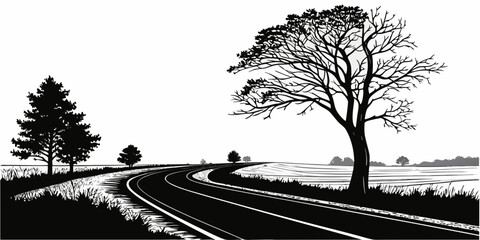 A serene landscape with trees and a winding path under a clear sky Vector © Hemal